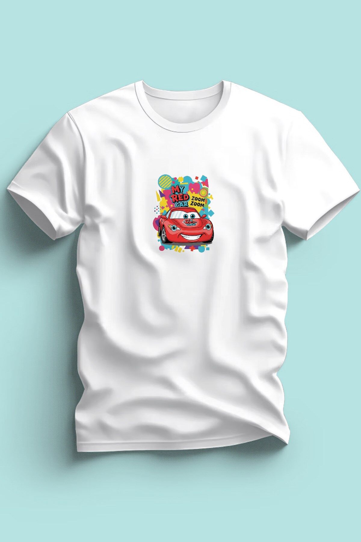 Maki Home Erkek Kırmızı Araba Baskılı Beyaz Tshirt 5 6 7 8 9 10 11 12 13 14 yaş tişört