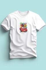 Maki Home Erkek Kırmızı Araba Baskılı Beyaz Tshirt 5 6 7 8 9 10 11 12 13 14 yaş tişört