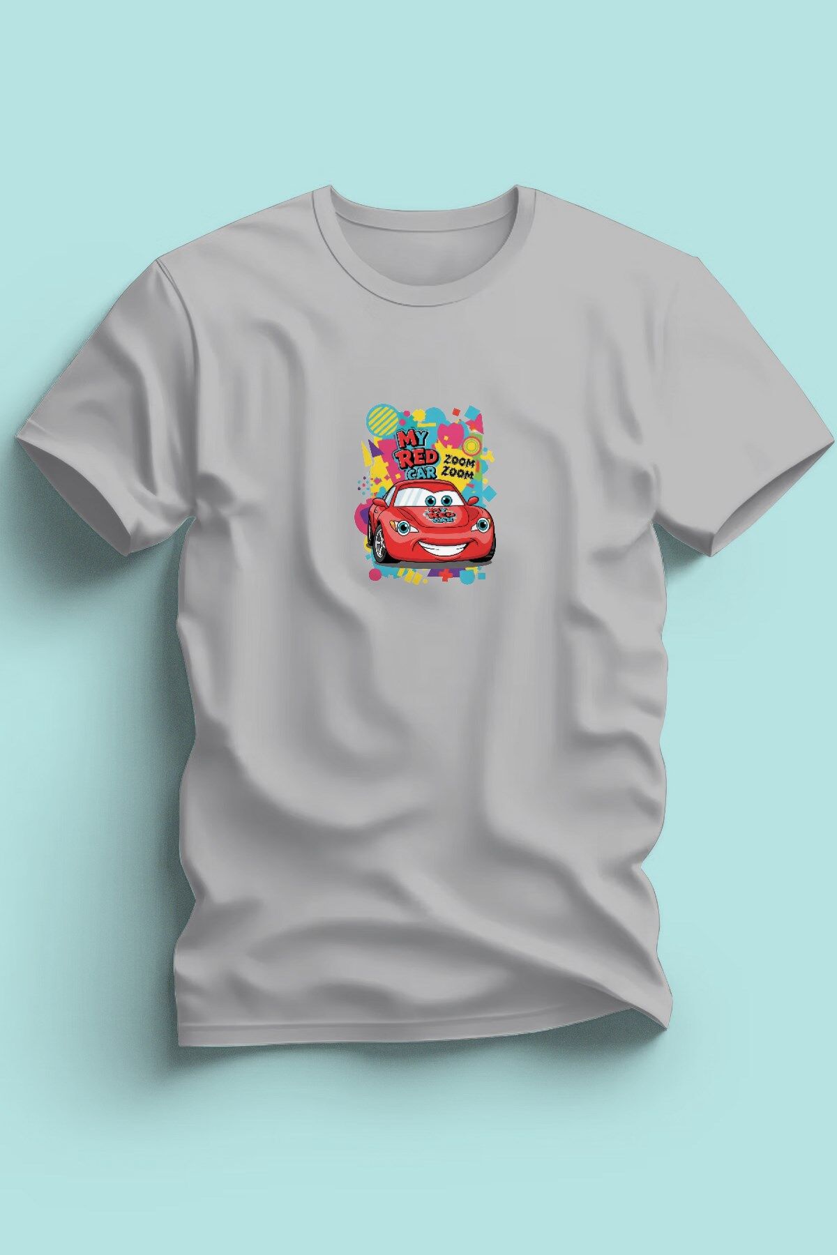 Maki Home Erkek Kırmızı Araba Baskılı Gri Tshirt 5 6 7 8 9 10 11 12 13 14 yaş tişört
