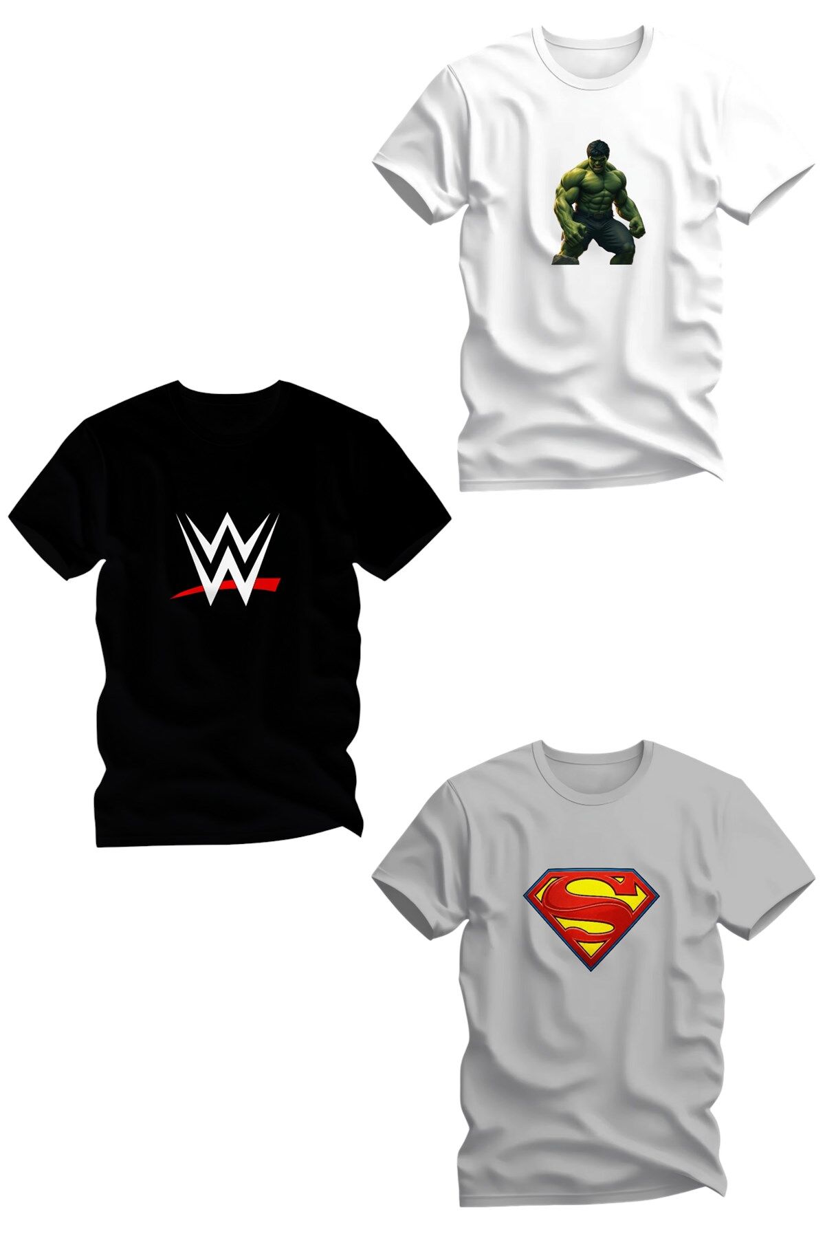 Üçlü Baskılı Penye Erkek Çocuk Beyaz Siyah Gri Tshirt 6 7 8 9 10 11 12 13 14 yaş hulk superman wwe