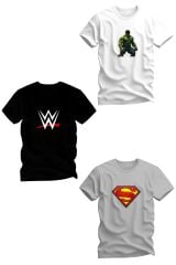 Üçlü Baskılı Penye Erkek Çocuk Beyaz Siyah Gri Tshirt 6 7 8 9 10 11 12 13 14 yaş hulk superman wwe