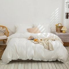 Maki Home %100 Pamuklu Fırfırlı Kırık Beyaz 200x220 Çift Kişilik Nevresim ve Yastık Kılıfı Seti