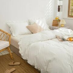Maki Home %100 Pamuklu Fırfırlı Kırık Beyaz 200x220 Çift Kişilik Nevresim ve Yastık Kılıfı Seti