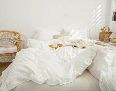 Maki Home %100 Pamuklu Fırfırlı Kırık Beyaz 200x220 Çift Kişilik Nevresim ve Yastık Kılıfı Seti