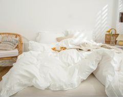 Maki Home %100 Pamuklu Fırfırlı Kırık Beyaz 160x220+50x70 Tek Kişilik Nevresim ve Yastık Kılıfı Seti
