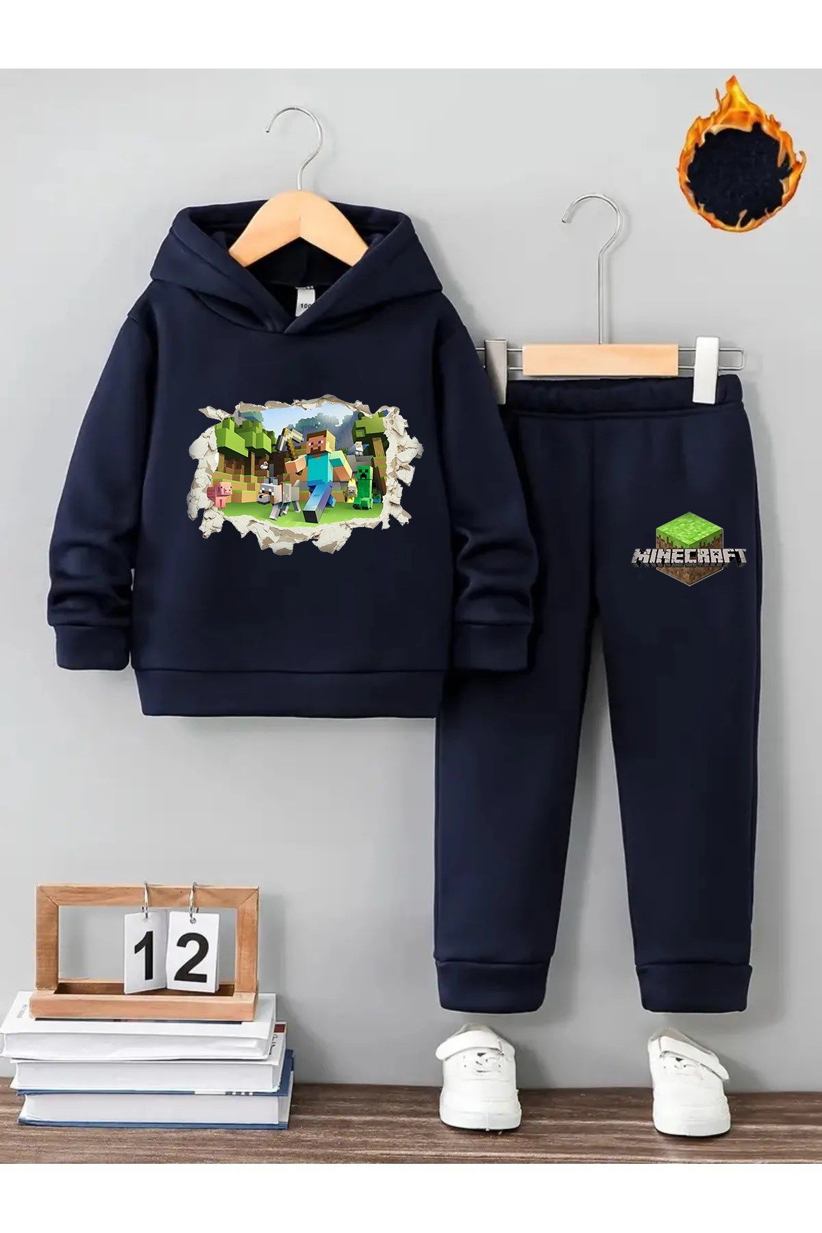 Aytok minecraft lacivert kız erkek çocuk eşofman takımı beli lastikli rahat 5 6 7 8 9 10 11 12 yaş 7-8