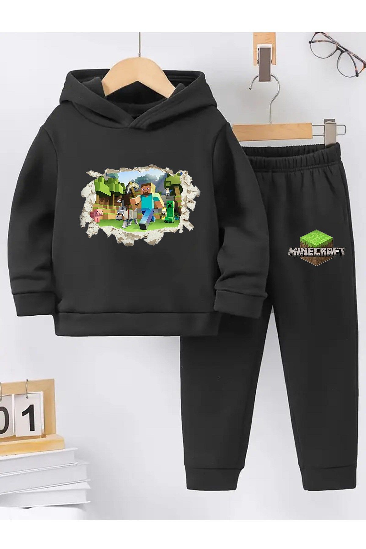 Aytok minecraft siyah kız erkek çocuk eşofman takımı beli lastikli rahat 5 6 7 8 9 10 11 12 yaş