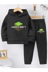 Aytok minecraft siyah logo kız erkek çocuk eşofman takımı beli lastikli rahat 5 6 7 8 9 10 11 12 yaş