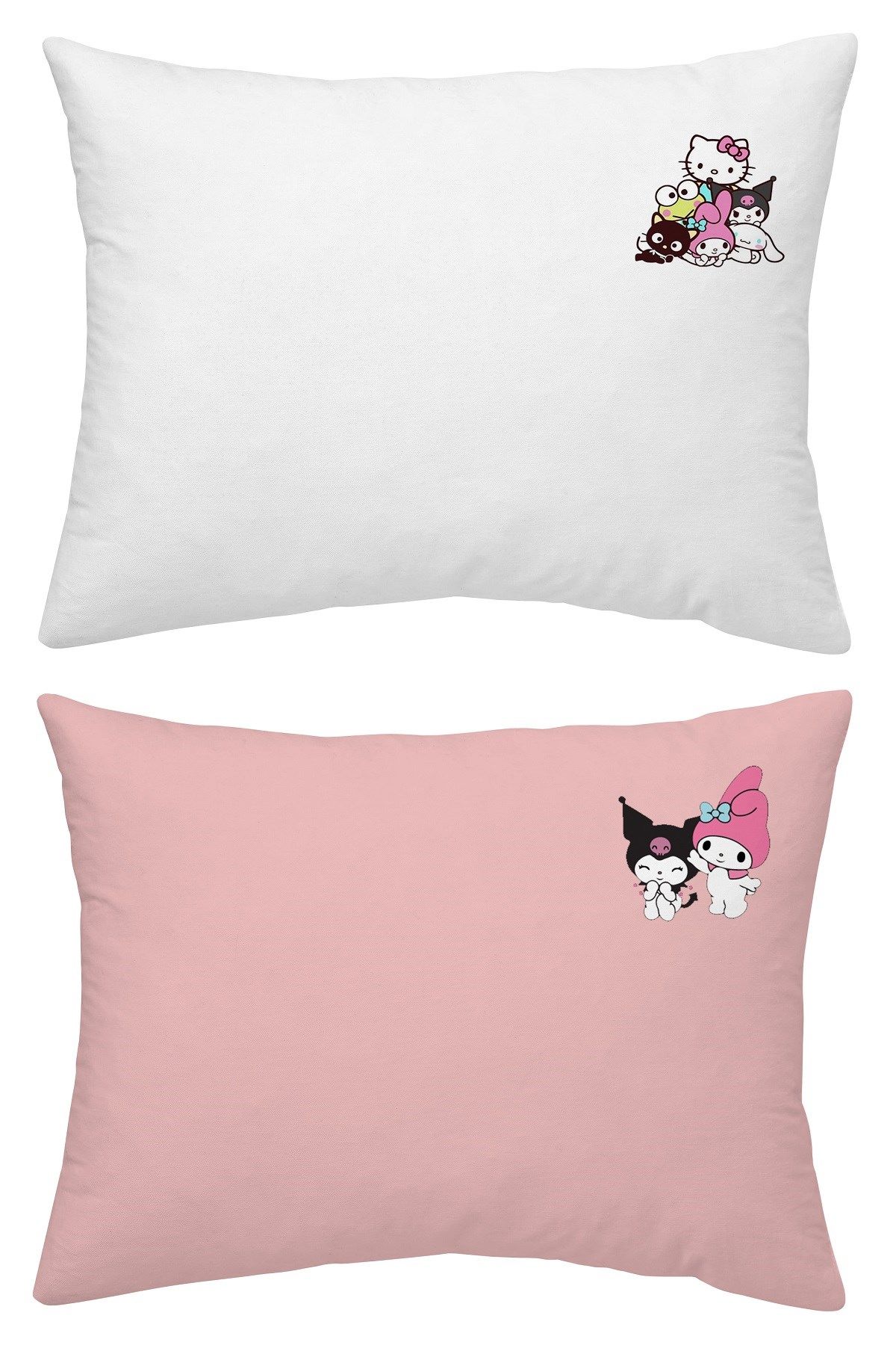 Maki Home Yüzde Yüz Pamuklu Hello Kitty Kuromi Baskılı Beyaz Pembe İki Adet 50x70 Yastık Kılıfı Seti