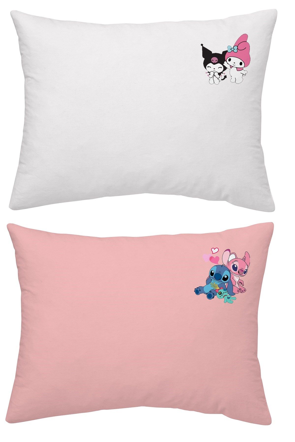 Maki Home Yüzde Yüz Pamuklu Kuromi Lilo Stitch Baskılı Beyaz Pembe İki Adet 50x70 Yastık Kılıfı Seti