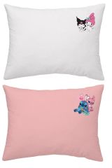 Maki Home Yüzde Yüz Pamuklu Kuromi Lilo Stitch Baskılı Beyaz Pembe İki Adet 50x70 Yastık Kılıfı Seti