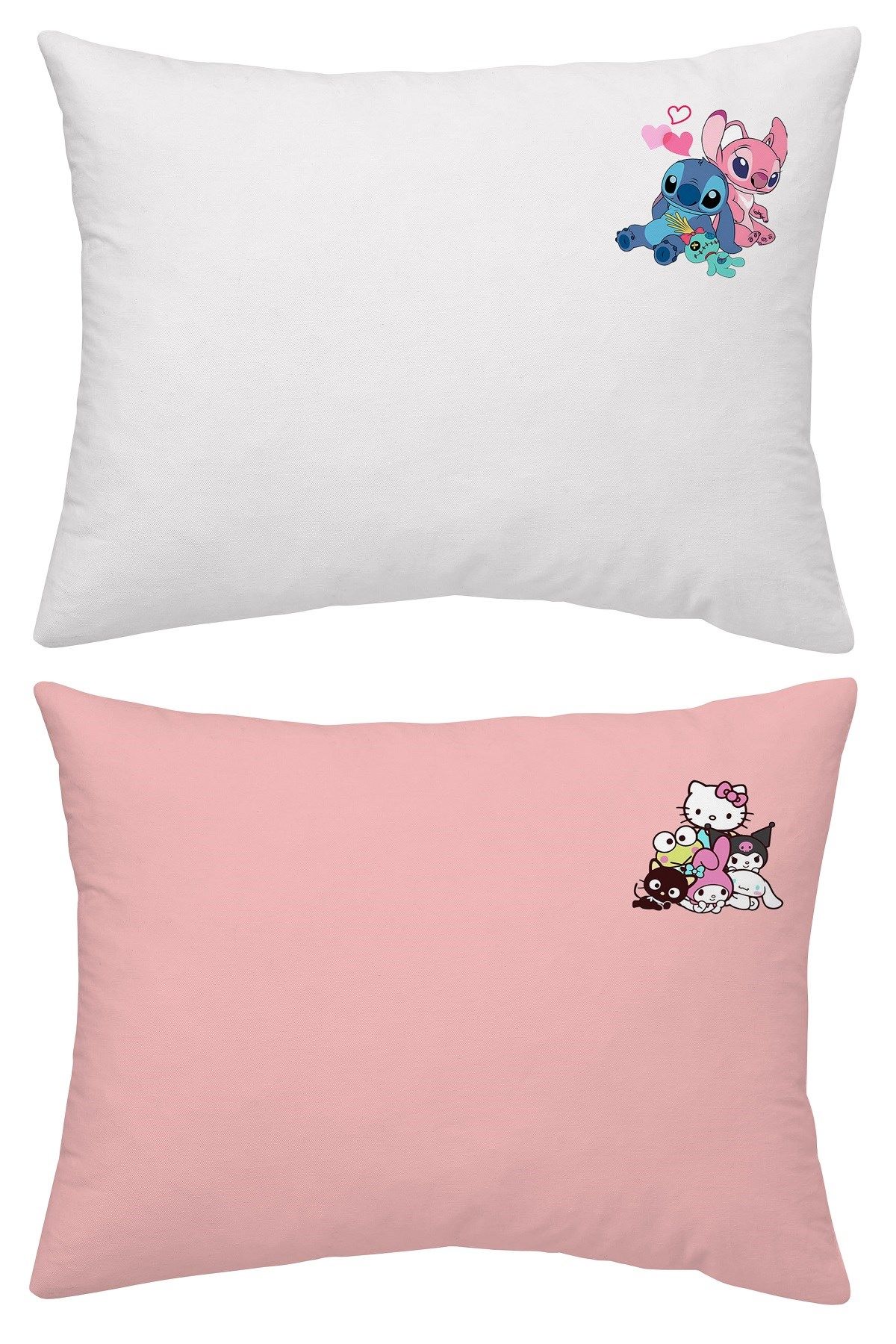 Maki Home %100 Pamuklu Lilo Stitch Hello Kitty Baskılı Beyaz Pembe İki Adet 50x70 Yastık Kılıfı Seti