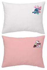 Maki Home %100 Pamuklu Lilo Stitch Hello Kitty Baskılı Beyaz Pembe İki Adet 50x70 Yastık Kılıfı Seti