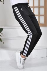 Maki Home 3 Şeritli Scuba Kumaş Kadın Erkek Unisex Siyah Eşofman Altı Beyaz Çizgili S