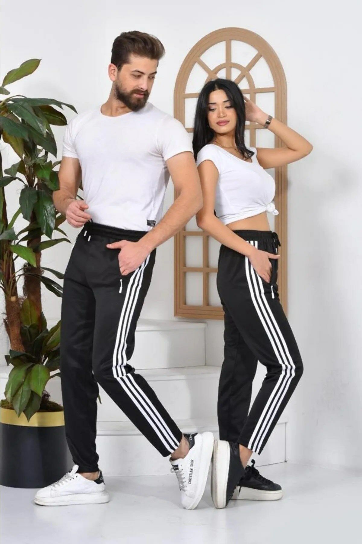 Maki Home 3 Şeritli Scuba Kumaş Kadın Erkek Unisex Siyah Eşofman Altı Beyaz Çizgili S