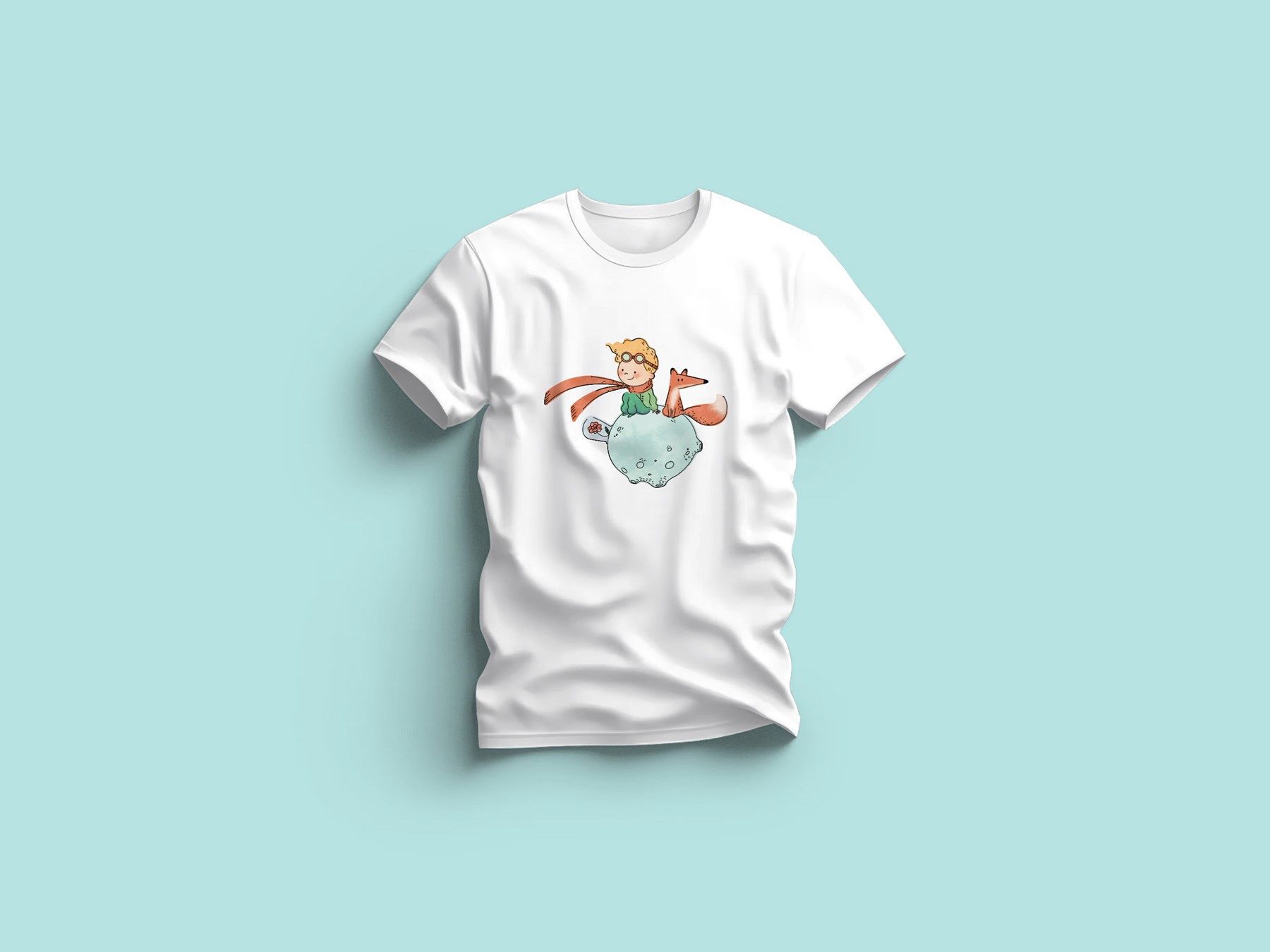 Kaliteli Penye Kadın Erkek Yetişkin Baskılı Beyaz Gri Siyah Tshirt Küçük Prens Beyaz