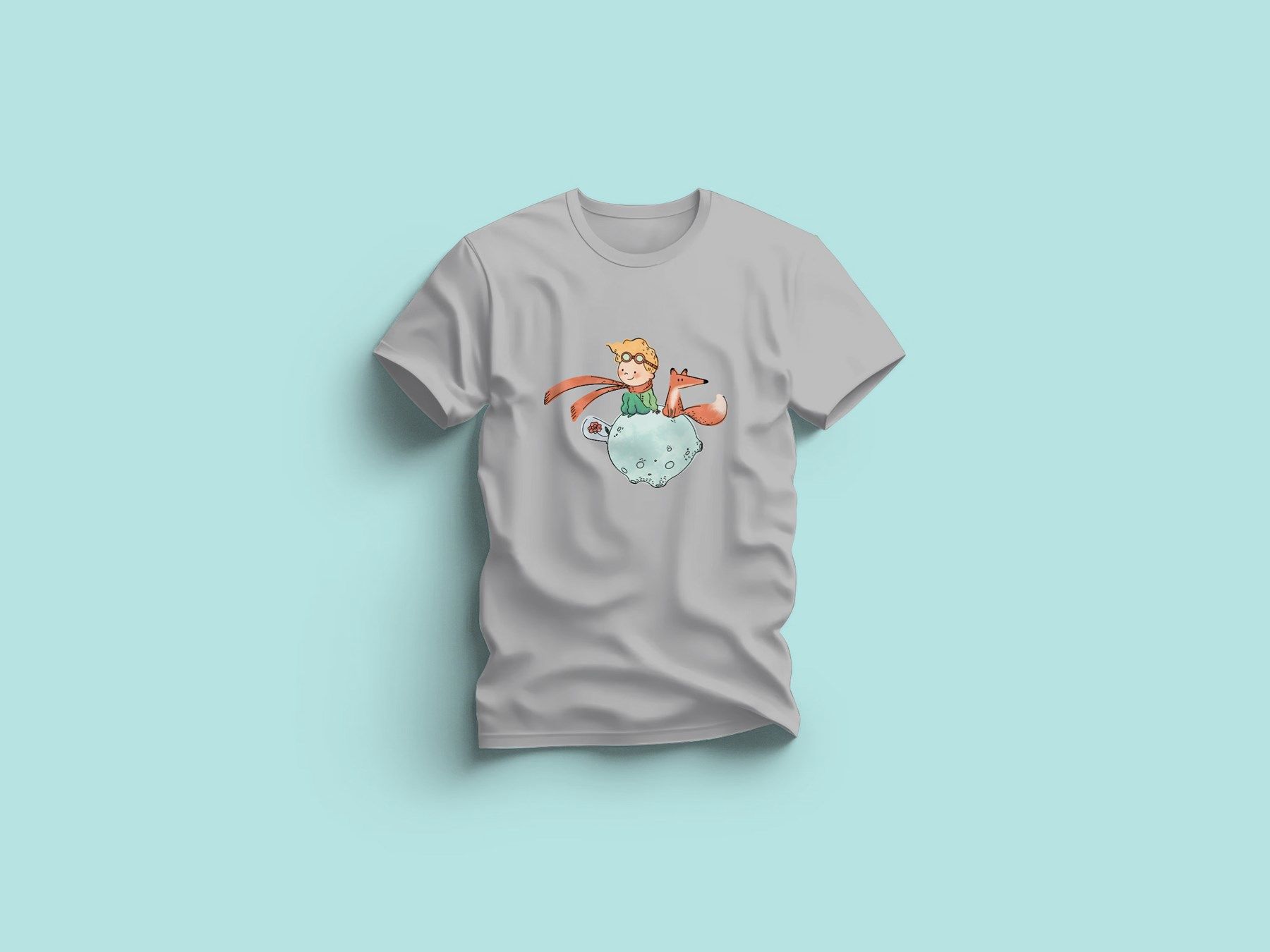 Kaliteli Penye Kadın Erkek Yetişkin Baskılı Beyaz Gri Siyah Tshirt Küçük Prens Gri