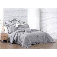 Makiteks %100 Pamuklu Fırfırlı Süs Dikişli Açık Gri Çift Kişilik Nevresim ve Yastık Kılıfı Seti