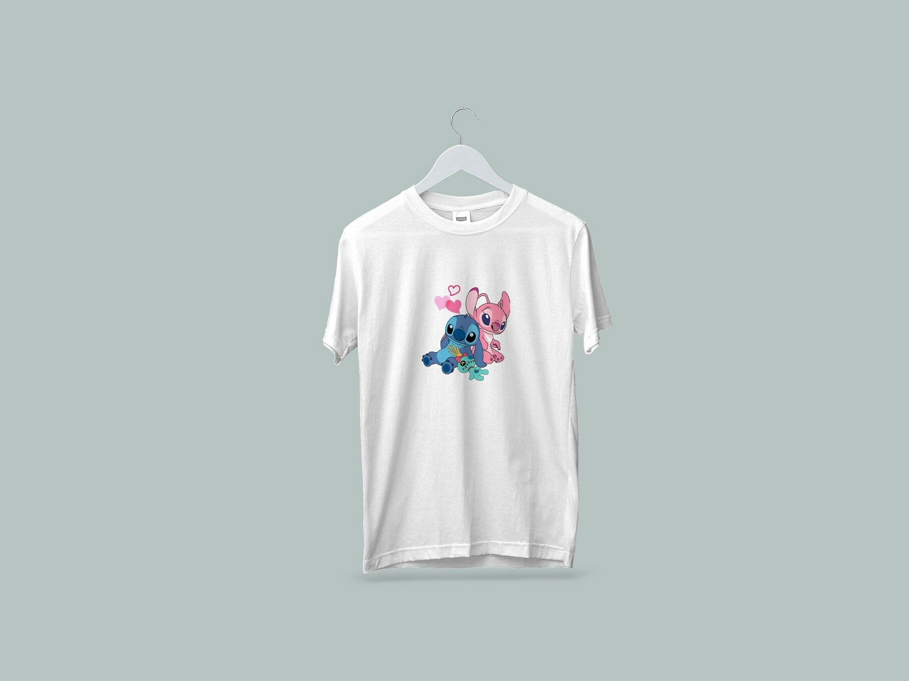 Kaliteli Penye Kadın Erkek Yetişkin Baskılı Beyaz Gri Siyah Tshirt Lilo Stitch Beyaz
