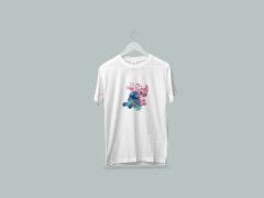Kaliteli Penye Kadın Erkek Yetişkin Baskılı Beyaz Gri Siyah Tshirt Lilo Stitch Beyaz