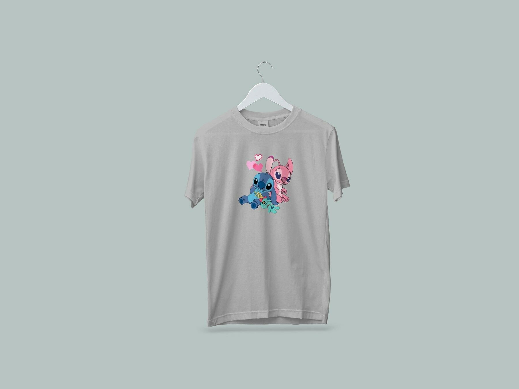 Kaliteli Penye Kadın Erkek Yetişkin Baskılı Beyaz Gri Siyah Tshirt Lilo Stitch Gri