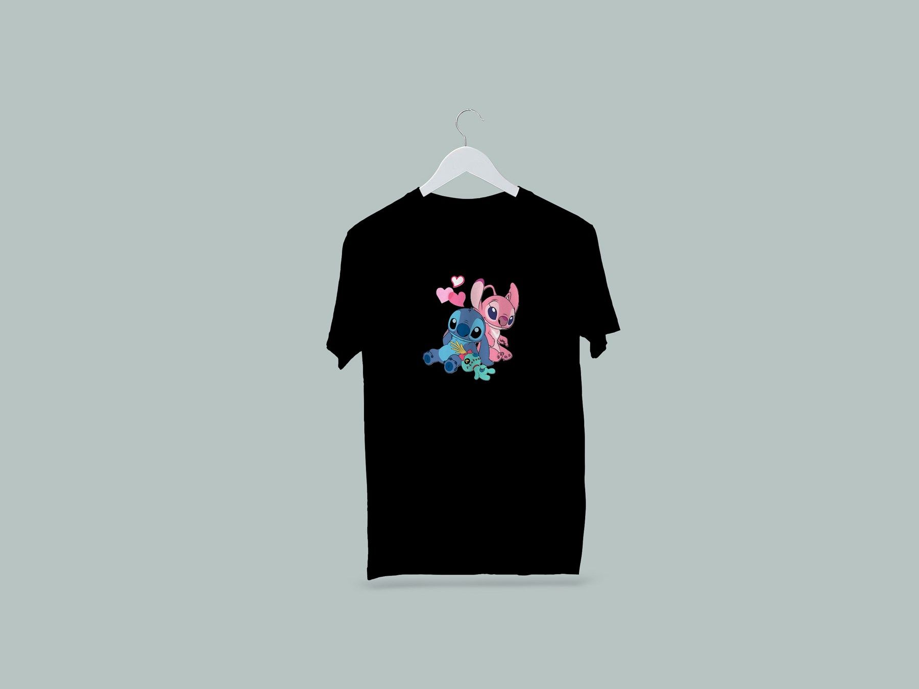 Kaliteli Penye Kadın Erkek Yetişkin Baskılı Beyaz Gri Siyah Tshirt Lilo Stitch Siyah