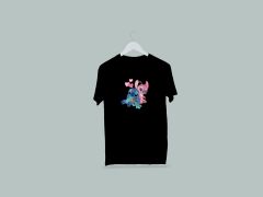 Kaliteli Penye Kadın Erkek Yetişkin Baskılı Beyaz Gri Siyah Tshirt Lilo Stitch Siyah