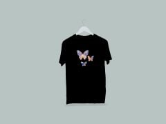 Kaliteli Penye Kadın Erkek Yetişkin Baskılı Beyaz Gri Siyah Tshirt Kelebekler Siyah
