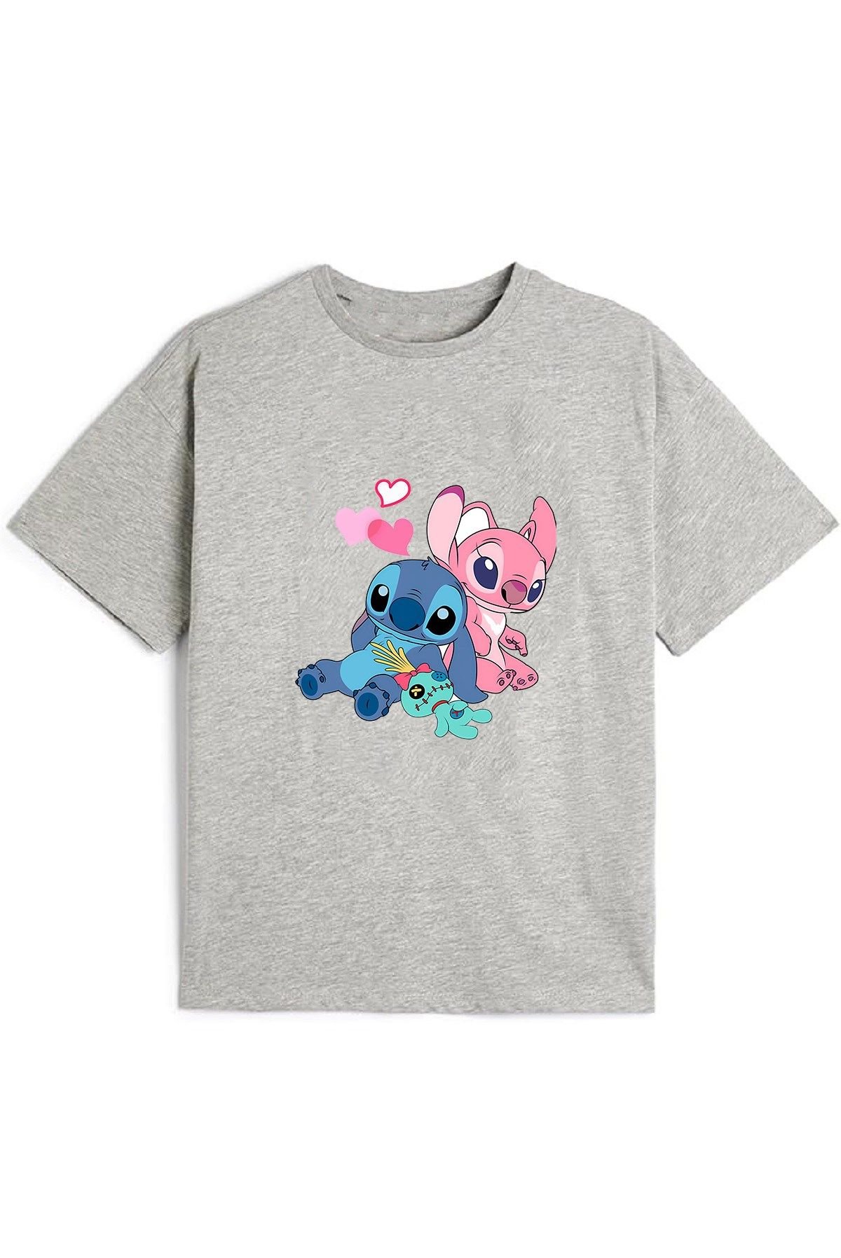 Kaliteli Penye Kız Çocuk Baskılı Gri Tshirt 5 6 7 8 9 10 11 12 13 14 yaş Lilo Stitch