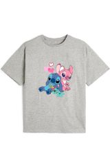 Kaliteli Penye Kız Çocuk Baskılı Gri Tshirt 5 6 7 8 9 10 11 12 13 14 yaş Lilo Stitch