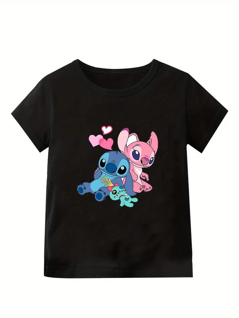 Kaliteli Penye Kız Çocuk Baskılı Siyah Tshirt 5 6 7 8 9 10 11 12 13 14 yaş Lilo Stitch