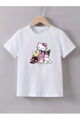 Kaliteli Penye Kız Çocuk Baskılı Beyaz Tshirt 5 6 7 8 9 10 11 12 13 14 yaş Hello Kitty and Friends