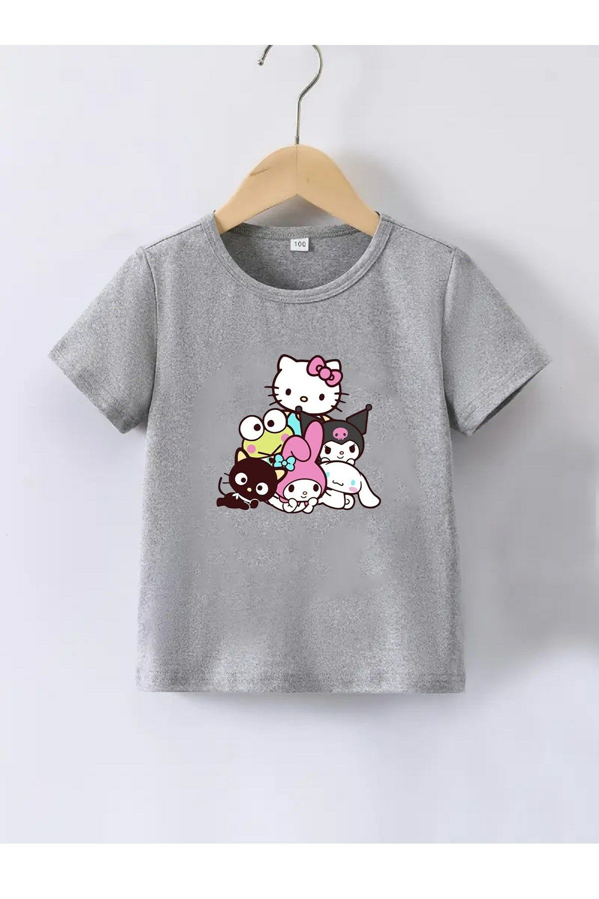 Kaliteli Penye Kız Çocuk Baskılı Gri Tshirt 5 6 7 8 9 10 11 12 13 14 yaş Hello Kitty and Friends