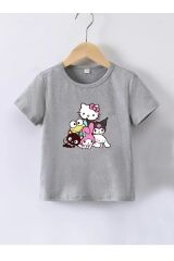 Kaliteli Penye Kız Çocuk Baskılı Gri Tshirt 5 6 7 8 9 10 11 12 13 14 yaş Hello Kitty and Friends
