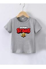 Kaliteli Penye Kız Çocuk Baskılı Gri Tshirt 5 6 7 8 9 10 11 12 13 14 yaş Brawl Stars