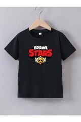 Kaliteli Penye Kız Çocuk Baskılı Siyah  Tshirt 5 6 7 8 9 10 11 12 13 14 yaş Brawl Stars