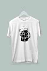 Kaliteli Penye Kadın Erkek Unisex Yetişkin Baskılı Beyaz Gri Tshirt Keep Calm Drink Beer