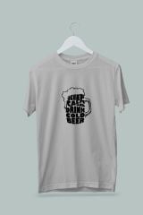 Kaliteli Penye Kadın Erkek Unisex Yetişkin Baskılı Beyaz Gri Tshirt Keep Calm Drink Beer Gri