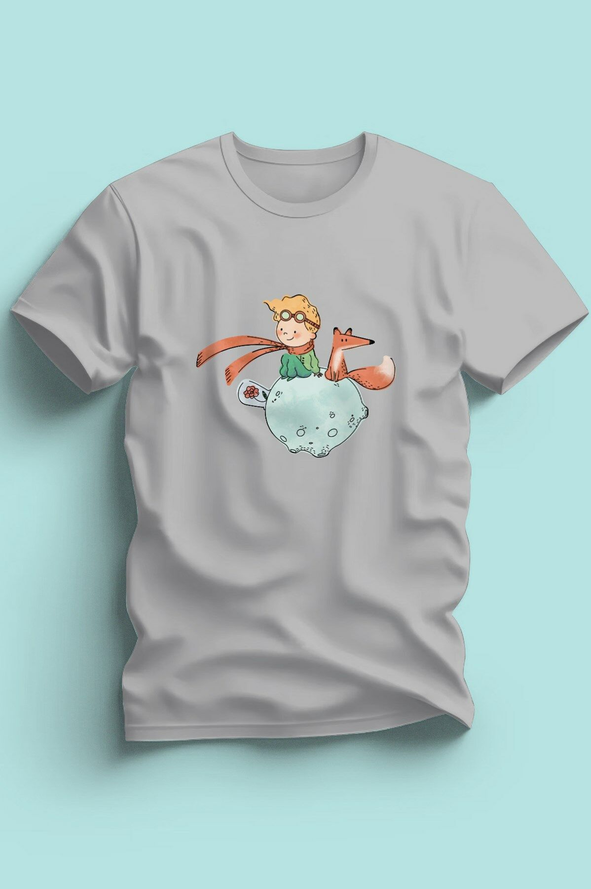 Kaliteli Penye Kız Çocuk Baskılı Gri Tshirt 5 6 7 8 9 10 11 12 13 14 yaş Kucuk Prens Petit Prince