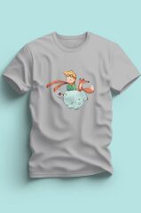 Kaliteli Penye Kız Çocuk Baskılı Gri Tshirt 5 6 7 8 9 10 11 12 13 14 yaş Kucuk Prens Petit Prince