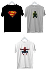 Üçlü Kaliteli Erkek Çocuk Baskılı Siyah Tshirt 5 6 7 8 9 10 11 12 13 14 yaş superman spiderman hulk