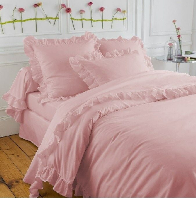 Makiteks %100 Pamuklu Fırfırlı Süs Dikişli Açık Pembe Çift Kişilik Nevresim ve Yastık Kılıfı Seti