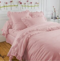 Makiteks %100 Pamuklu Fırfırlı Süs Dikişli Açık Pembe Çift Kişilik Nevresim ve Yastık Kılıfı Seti