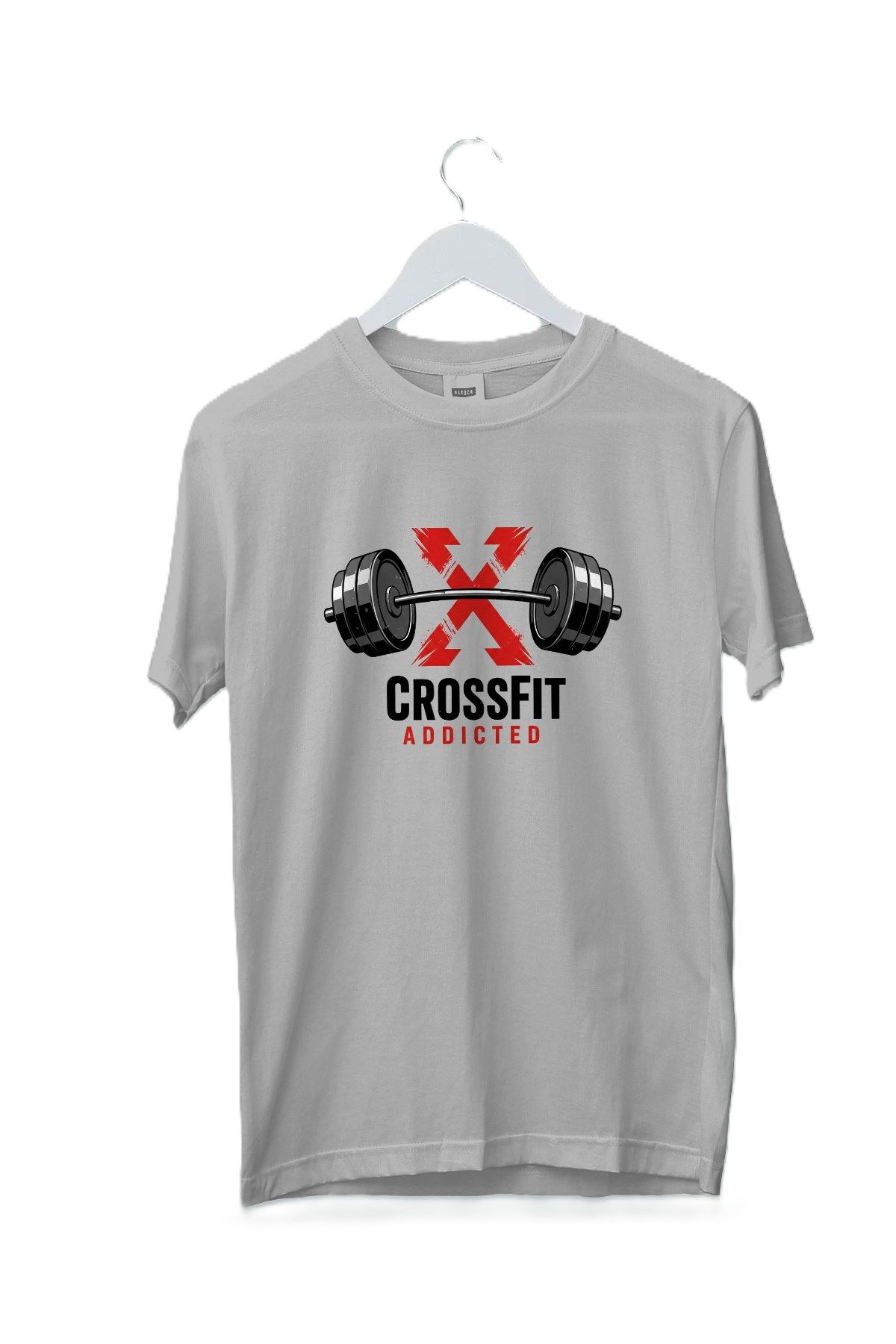 Maki Home Kadın Erkek Unisex Yetişkin Crossfit Addicted Baskılı Gri Tshirt