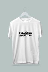 Maki Home Kadın Erkek Unisex Yetişkin Pilates Addicted Baskılı Beyaz Tshirt