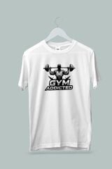 Maki Home Kadın Erkek Unisex Yetişkin Gym Fitness Addicted Baskılı Beyaz Tshirt