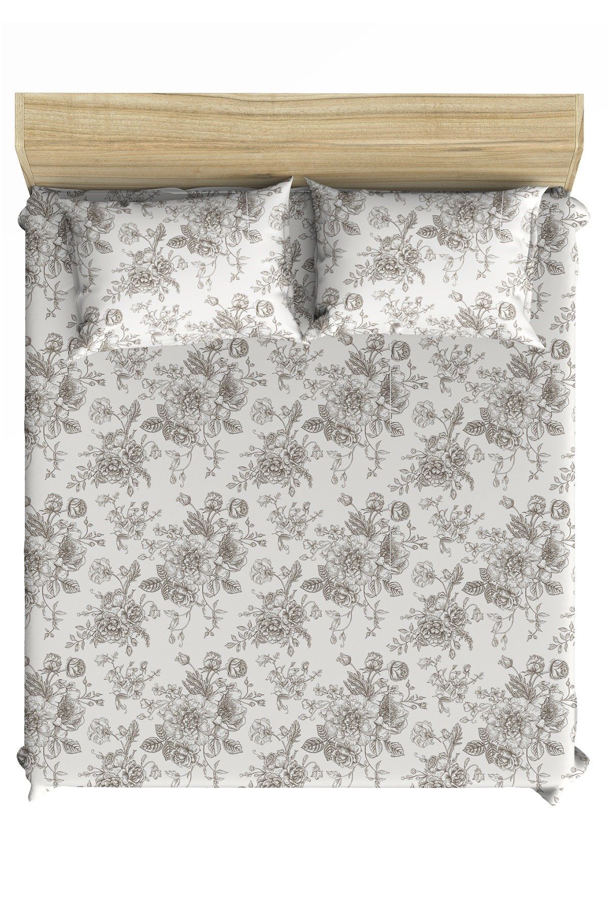 Maki Home %100 Pamuklu Çiçekli Soloi Gri 160x200 + 2*(50x70) Çift Kişilik Lastikli Çarşaf Takımı