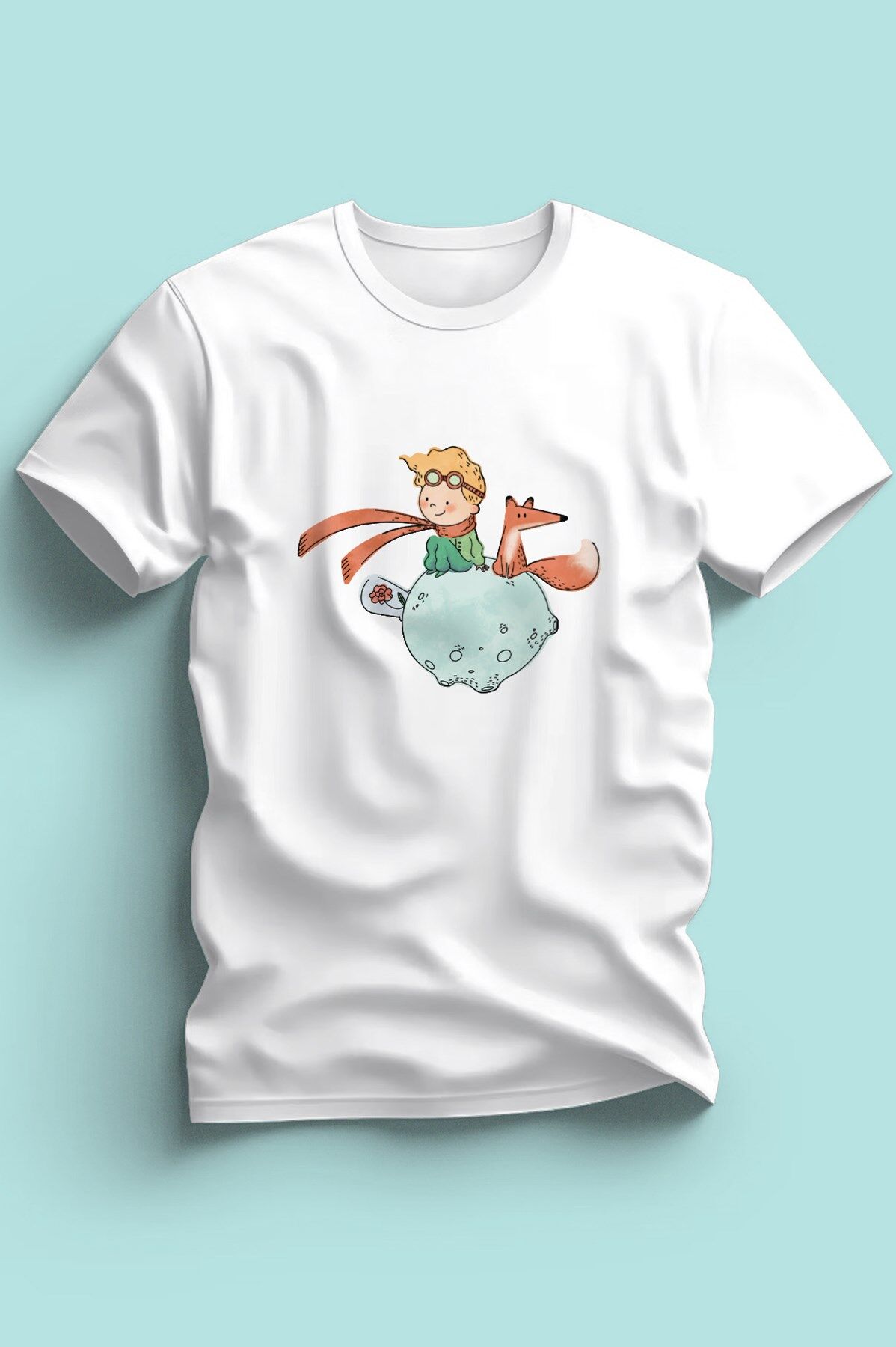 Maki Home Kadın Erkek Unisex Yetişkin Kucuk Prens Petit Prince Baskılı Beyaz Tshirt