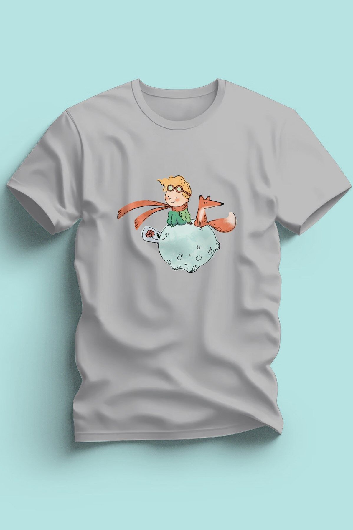 Maki Home Kadın Erkek Unisex Yetişkin Kucuk Prens Petit Prince Baskılı Gri Tshirt