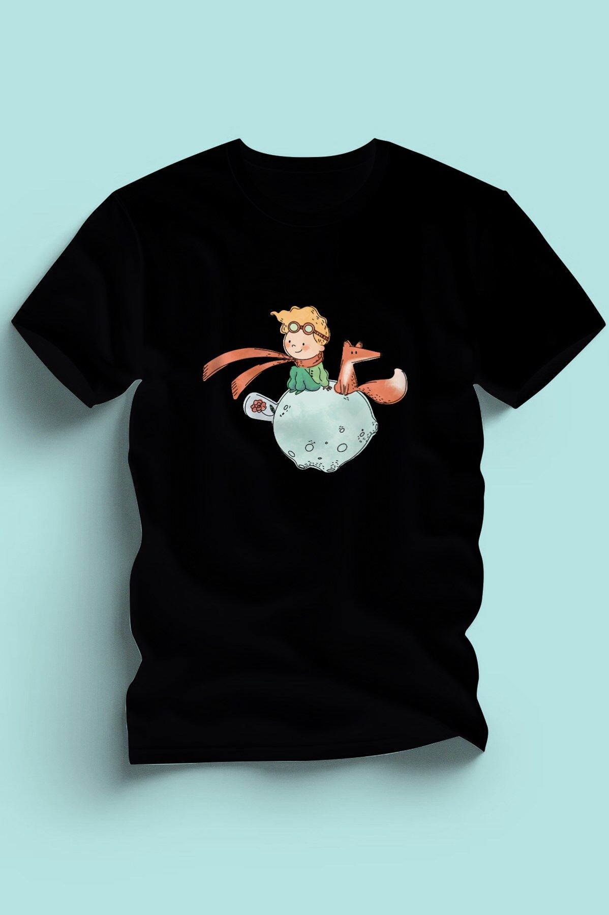 Maki Home Kadın Erkek Unisex Yetişkin Kucuk Prens Petit Prince Baskılı Siyah Tshirt